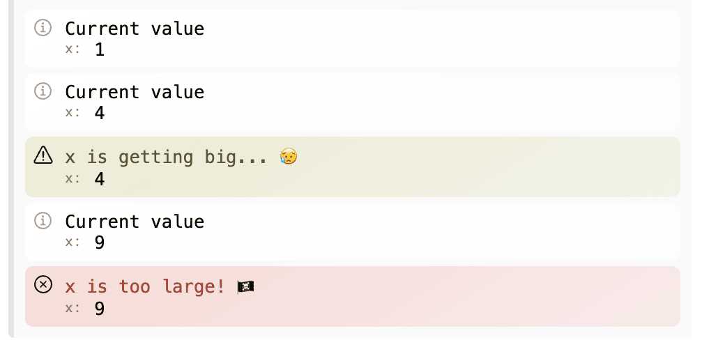 Screenshot of different log levels displayed in different colors.